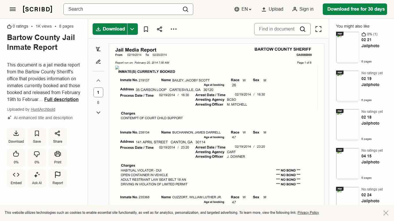 Bartow County Jail Inmate Report PDF Probation Deviance (Sociology)